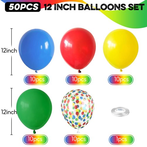 Red Blue Yellow Green Balloon Set, 12 Inch Carnival Circus Party Balloon Red Blue Green Yellow Helium Balloons Confetti Latex Balloon for Video Game Party Rainbow Kid Birthday Party Carnival Circus