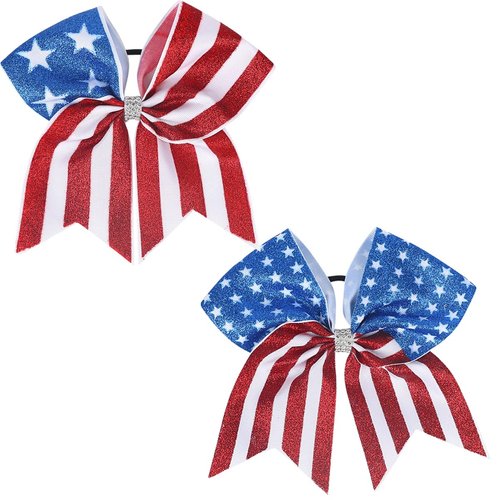 2PCS American Flag Glitter Ribbon Cheer Hair Bows 8 Inch Patriotic Cheer Hair Bow Ties with Elastic 4th of July Hair Tie Band Independence Day Hair Accessories for Teens Kids(Style A)
