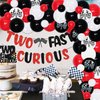 Racing Car 2nd Birthday Decorations for Boys, Red Black Race Flag Wheel Tire Balloon Garland Arch Kit with TWO FAST 2 CURIOUS Banner and Cake Topper for Kids Birthday Party Supplies