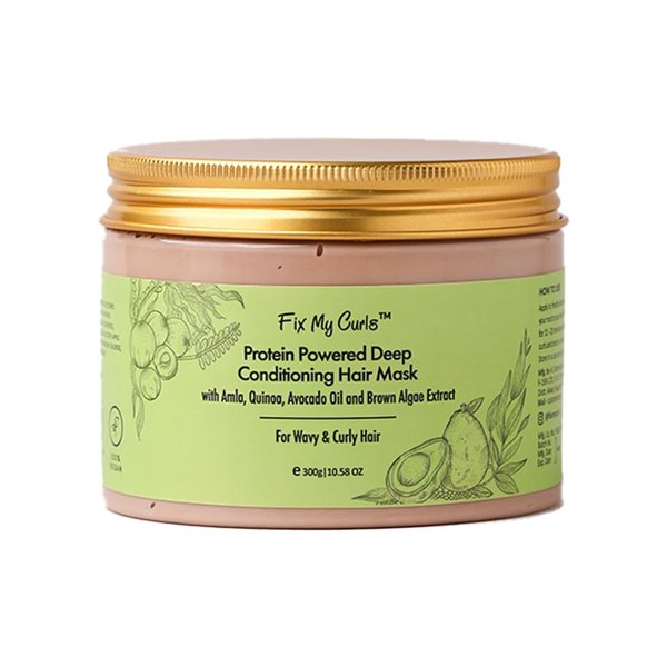 Fix My Curls Protein Powered Deep Conditioning Hair Mask With Amla, Quinoa, Avocado Oil, & Brown Algae Extract for Curly and Wavy Hair (300g)