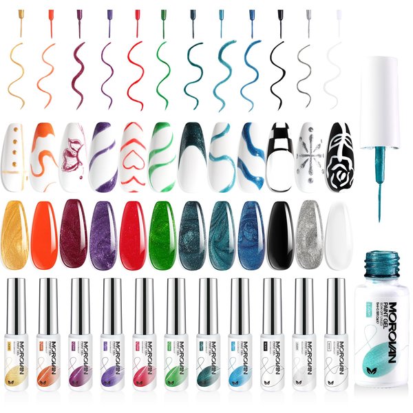 Morovan Gel Polish Nail Art Set: 12 Colors Gel Liner Nail Polish Gold Red Green Orange Blue Purple Nail Art Polish Set Soak Off Curing Requires Polish Gel Art Paint For Nail