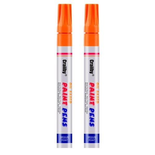 Orange Paint Markers, 2 Pack Oil-Based Waterproof Quick Dry Permanent Paint Pen Set for Rocks Painting, Wood, Fabric, Plastic, Canvas, Glass, Mugs, Metal, Tire, Stone, DIY Craft