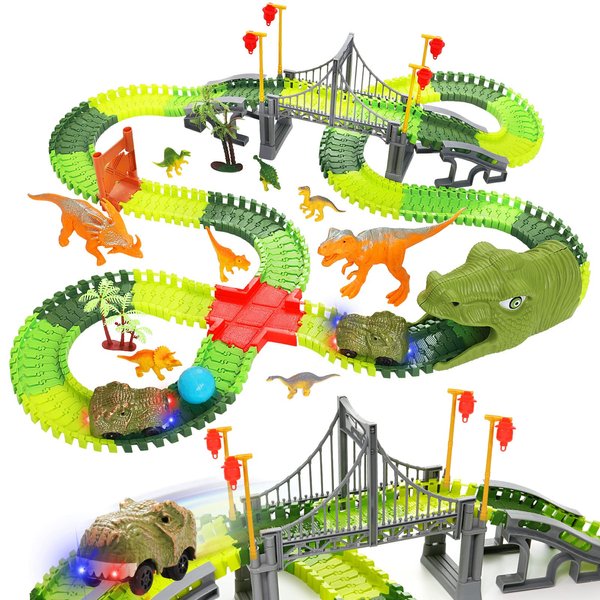 BEMITON Dinosaur Toys Race Car Track, Create a Dinosaur World Road Race, Flexible Dinosaur Track Toys Set, Christmas Birthday Gifts for 3 4 5 6 7 Years Old Boys Girls Kids