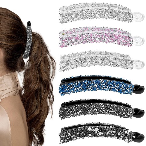 12 Pcs Rhinestones Pearl Banana Hair Clip for Thick Hair, Strong Hold Ponytail Holder Banana Clips Matte French Barrettes Fine Hair Jaw Clips Accessories for Women