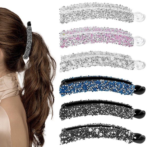 12 Pcs Rhinestones Pearl Banana Hair Clip for Thick Hair, Strong Hold Ponytail Holder Banana Clips Matte French Barrettes Fine Hair Jaw Clips Accessories for Women