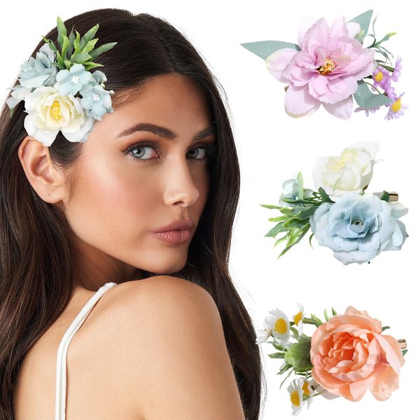 Molans 3 PCS Hawaiian Flower Hair Clips, Flower Hair Barrettes for Women GirlsPink purple/Blue/Snow)