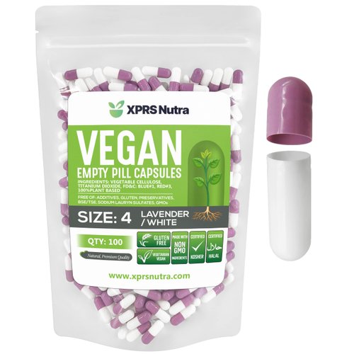 XPRS Nutra Size 4 Empty Capsules - 500 Count Small Empty Vegan Capsules - Vegetarian Pills - DIY Vegetable Capsule Filling - Fillable Do-It-Yourself Veggie Caps for Supplements (Lavender/White)