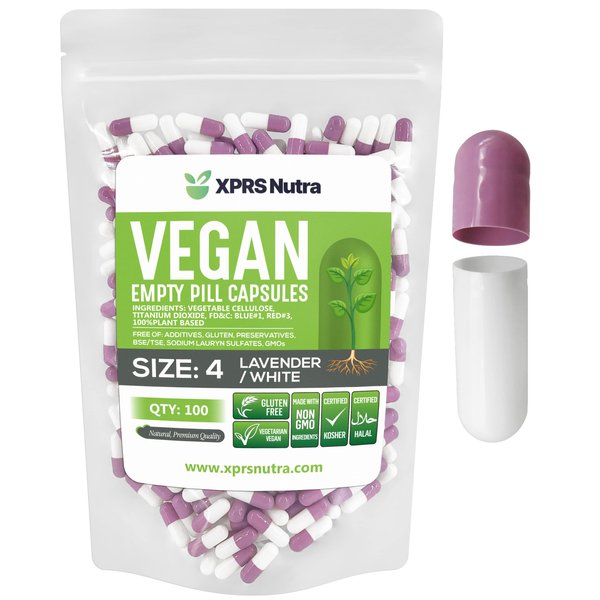 XPRS Nutra Size 4 Empty Capsules - 500 Count Small Empty Vegan Capsules - Vegetarian Pills - DIY Vegetable Capsule Filling - Fillable Do-It-Yourself Veggie Caps for Supplements (Lavender/White)