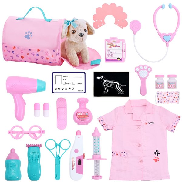 Holycco Toy Doctor Kit for Kids, Vet Play Set Toys for Girls, Birthday Gift for Kids Toddlers Ages 3 4 5 6, Pretend Play Doctor Set with Dog Toy, Dress Up Costume, Kids Doctor Role Play