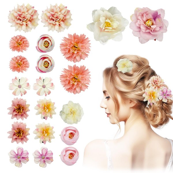 Flower Hair Clip, 21Pcs Bohemian Flower Hair Clips,Rose Hair Barrettes for Women Hawaiian Artificial Flower Alligator Clips Boho Flower Hair Pin Hair Accessories for Wedding Bridal Party