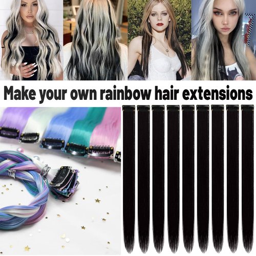 TOFAFA 22 inch Colored Hair Extensions, Multi-colors Party Highlights Clip in Synthetic Hair Extensions, Color Party Highlights Hairpieces for Girls Women(10 PCS Black)