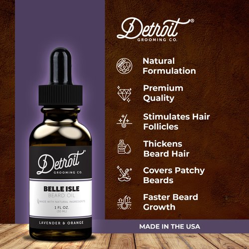 Detroit Grooming Co.Natural Beard Oil for Men - Nourishing & Organic Beard Moisturizer w/Sweet Almond Oil & Vitamin E - Softens, Boosts Growth - Lavender & Orange Scent - Belle Isle -1oz