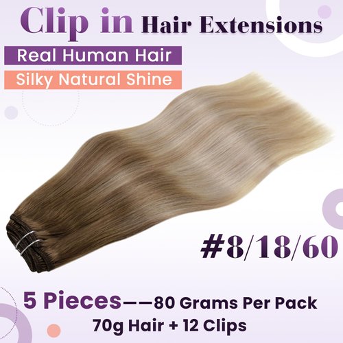 LaaVoo Clip in Hair Extensions Real Human Hair Ombre Light Brown to Ash Blonde Balayage Platinum Blonde Human Hair Clip in Extensions Ombre Clip in Hair Extensions For Women 16 Inch 5Pcs/80g