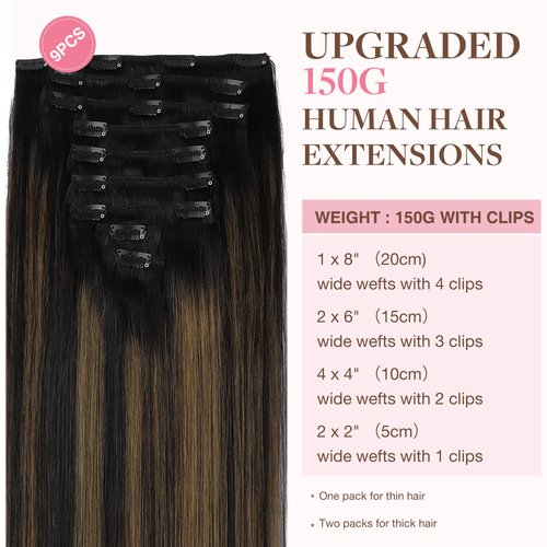 GOO GOO Clip in Hair Extensions Real Human Hair, 18inch 150g 9Pcs, 1B/6/1B Balayage Natural Black to Chestnut Brown, Remy Human Hair Extensions Clip ins for Women, Natural Human Hair