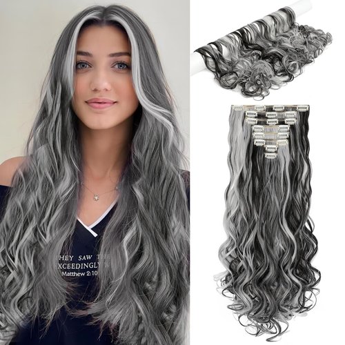 Cephermer Hair Extensions Wavy 8 PCS Clip in Hair Extensions 24" Long and Thick 160g Synthetic Hairpieces Double Weft Natural Soft Hair for Women Natural Black Mix Silver Grey