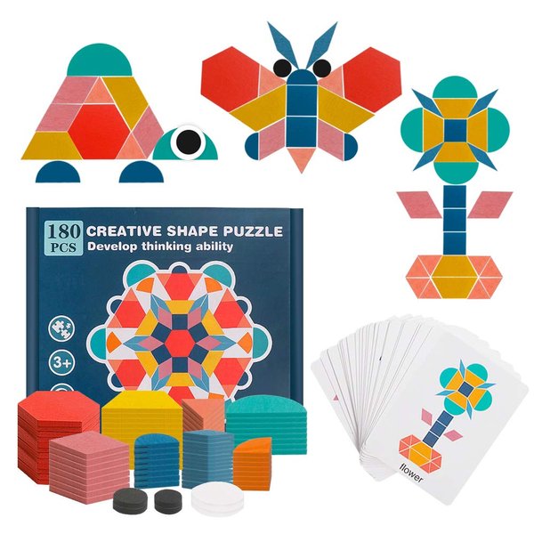 USATDD 180 Pcs Wooden Tangrams Pattern Blocks Set Geometric Manipulative Shape Puzzle Kindergarten Classic Educational Montessori Toys for Kids Toddlers Ages 4-8 with 24 Pcs Flash Cards