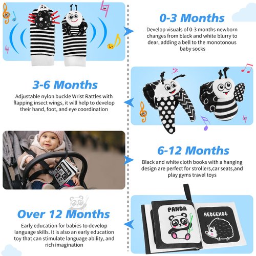 Zendstanding Baby Toys 0-12 Months: Black and White Sensory Toys Baby Socks & Wrist Rattles Newborn Toys with Baby Cloth Book Kits, High Contrast Baby Gifts for Boys Girls
