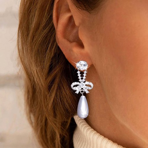 Sttiafay Vintage Teardrop Pearl Dangle Earrings Long Cz Pearl Drop Earrings Silver Crystal Bow Stud Earrings Rhinestone Pearl Bridal Earrings Jewelry for Women and Girls