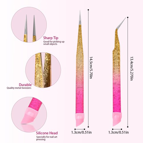 Double Ended Nail Art TweezersCurved,2Pcs Tweezers, Eyelash Tweezers, Straight Fine Tip Tweezers for Women with Silicone Pressing Tips, Suitable for Nail Art, Diamond Painting, Hair Removal, Jewelry