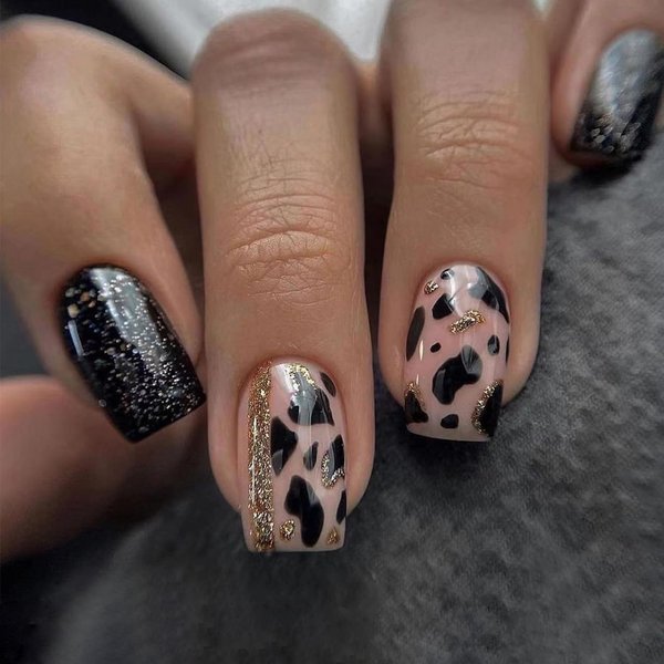 Sparkly Press on Nails with Milk Cow Print Designs, Glossy Black Glitter Short Coffin Length Fake/False Nails Spot Full Cover Acrylic Nails X Glue Stick on Artificial Fingernails for Women Girls