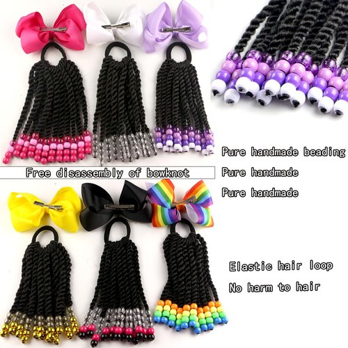 Kids Ponytail Hair Extension Braid Girls Braided Ponytail Hair Extension Clip On Go For Girls Beads,Black Hair Band & Bow Included,Detachable and Reusable (white)