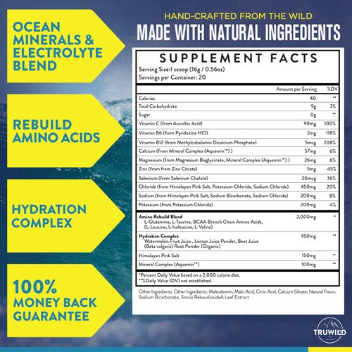 TruWild Natural Hydration Powder with Zero Sugar - Vegan Electrolytes + Amino Acids - Recovery Drink for Everyday Use – Post Workout Muscle Support Supplement w/Magnesium (Watermelon Lemonade)