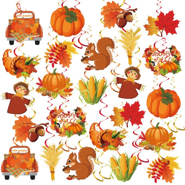 54 PCS Fall Party Hanging Decorations Fall Hanging Swirls Autumn Foil Swirls Spirals Autumn Harvest Ceiling Streamers for Happy Fall Party Supplies Thanksgiving Baby Shower Birthday