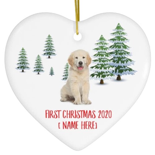 Personalized Name Custom Year Golden Retriever Puppy Cream First 2025 Christmas Tree Ornaments Gifts Decorations Winter Landscape Heart Ceramic