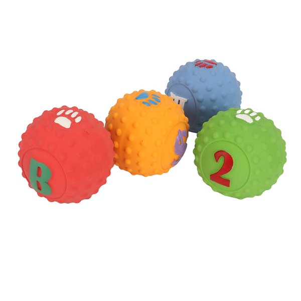 4PCS Dog Squeaky Toys, Soft Puppy Chewing Fetching Latex Dog Toy Interactive Ball Toy with Fun Pattern for Small Medium Pet Random Pattern
