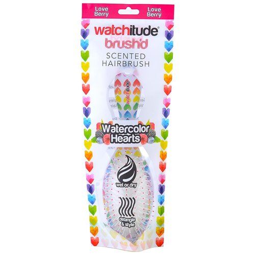 Watchitude: Scented Hair Brush - Watercolor Hearts - Kids Berry Scented Stylish Brush, Wet Or Dry Hair, Durable Bristles, Soft Touch Rubberized Finish