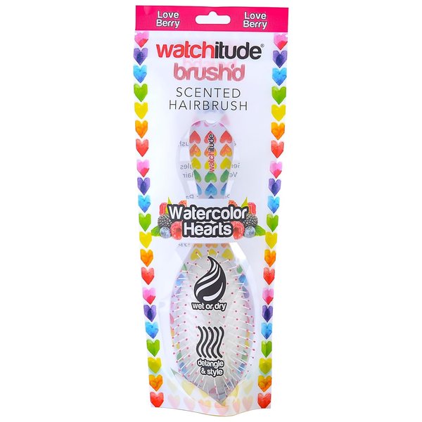 Watchitude: Scented Hair Brush - Watercolor Hearts - Kids Berry Scented Stylish Brush, Wet Or Dry Hair, Durable Bristles, Soft Touch Rubberized Finish