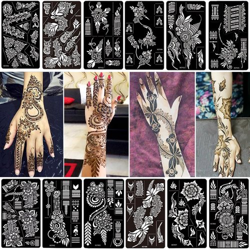 PPVWEY 12 Sheet Henna Tattoo Stencils kit, Temporary Tattoos Templates Hand Forearm Indian Airbrush Tattoo Stickers for Women Girls (Black)