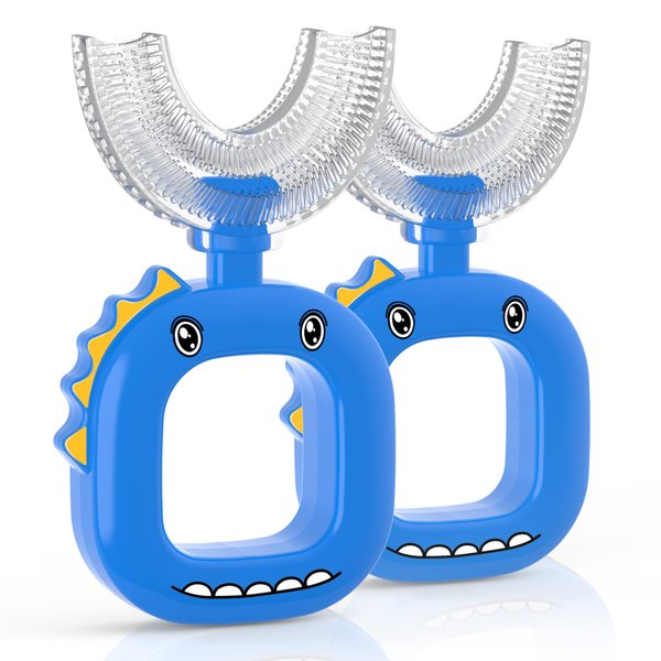 U Shaped Toothbrush - for Kids, Manual Whole Mouth Toddler Toothbrush Age 2-4 5 6 & up, Food Grade Soft Silicone Brush, 360° Oral Teeth Cleaning, Good for Dental Health, 2 Blue