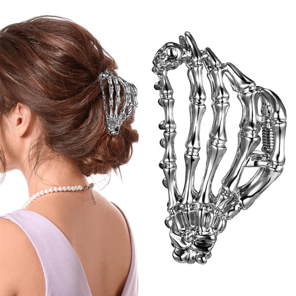 JIEYAO Halloween Spider Web Metal Hair Clips, Goth Alloy Hair Claw Clip, Funny Punk Hair Accessories Non Slip Grip Hair Barrettes Hair Decorations for Women Cosplay Party Catch Clips (Skeleton Hand)