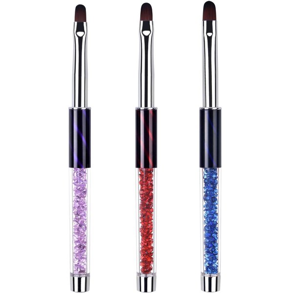 Ycyan 3Pcs Oval Gel Nail Brush Set Rhinestone Handle Professional Nail Art Tools for Polygel UV Builder Gel Nails Extension Size 6/8/10