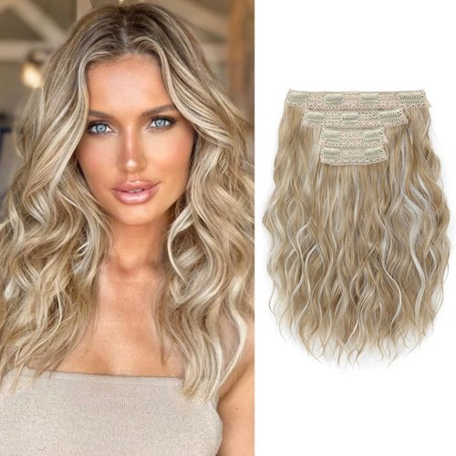 Hair Extensions, KUIRAN Clip in Hair Extensions 12" Short Wavy Hair Extensions 4PCS Hair Extensions Invisible Lace Weft Natural Soft Hairpieces for Women - Light Golden Blonde with White Blonde