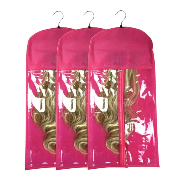 Whtawtaw 3 Pcs Hair Wig Extension Storage Bag, Hair Extensions Holder with Hanger, 11.4 * 23.6 inches, Portable Wig Bags Storage with Transparent Zipper Closure (Rose)