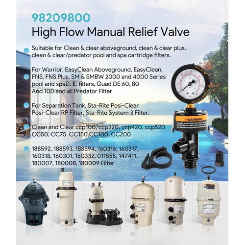 98209800 High Flow Manual Air Relief Valve w/Pressure Gauge Replacement for Pool and Spa Filter