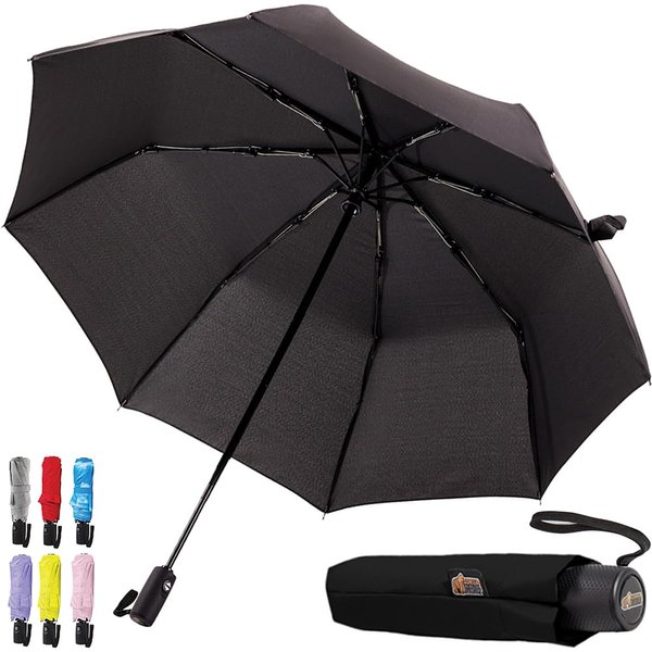 Gorilla Grip Windproof Compact Stick Umbrella for Rain, Travel One-Click Automatic Open and Close, Lightweight, Portable, Strong Reinforced Fiberglass Ribs, Easily Collapsible, Black