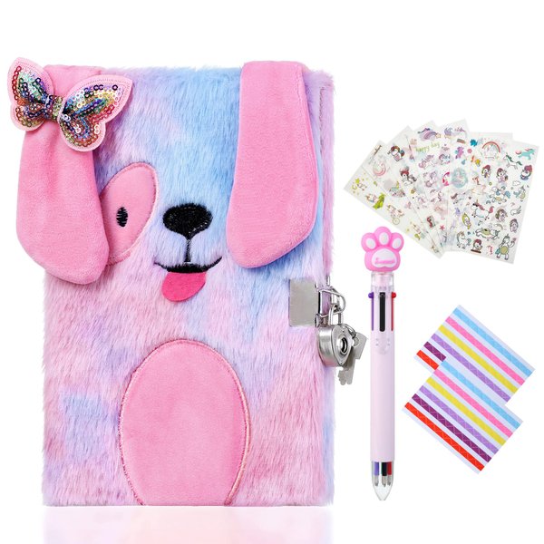 Sicbanna Diary for Girls with Lock and Keys, Plush Dog Secret Diary a Gift Set for Kids, Puppy Dog Diary for Boys Writing Drawing Notebook 160 Pages
