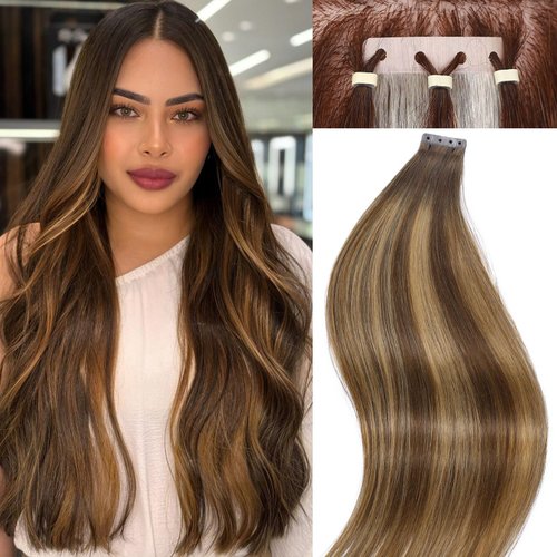 FANCEE No Glue Human Hair Hair Extensions Highlighted Brown Tape in Hair Extensions with Holes Invisible Seamless Skin Weft Hair Extensions for Women (40g 20Pcs, 14 Inch)