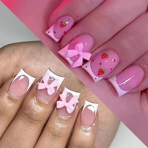 Tyuimhx 48Pcs White French Tip Press on Nails Square Short Fake Nails With 3D Pink Bow Designs Strawberry False Nails Pink Full Cover Stick on Nails Acrylic Artificial Nails for Women Girls