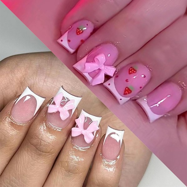 Tyuimhx 48Pcs White French Tip Press on Nails Square Short Fake Nails With 3D Pink Bow Designs Strawberry False Nails Pink Full Cover Stick on Nails Acrylic Artificial Nails for Women Girls