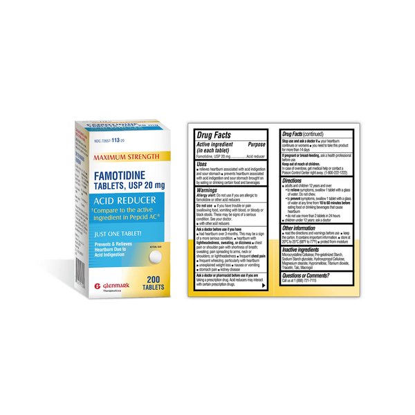 Glenmark Maximum Strength Famotidine Tablets 20 mg, Acid Reducer for Heartburn Relief, 200 Count