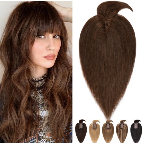 SLEEKALON Hair Toppers for Women Real Human Hair 150% Density Silk Base Brown Hair Topper Top Hair Piece for Women with Thinning Hair Clip in Hair Topper with Bangs Hair Extension(14 Inch,04#)
