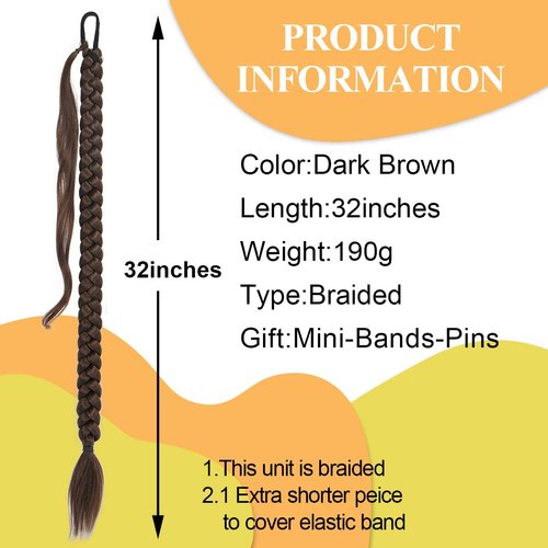 Long Braided Ponytail Extension For Black Women With Hair Tie Dark Brown Ponytail Hair Extension Straight Wrap Around Ponytail Extension Soft Synthetic Hair Piece 190gram(Dark Brown,Braided)