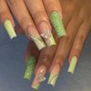 MISUD Long Coffin Press on Nails Spring Ballerina Fake Nails Glossy Glue on Nails Green French Tip Acrylic Nails Bling Glitter Arificial Nails Luxury 3D Butterfly Stick on False Nails 24 pcs
