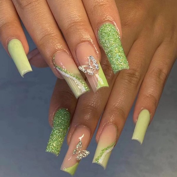 MISUD Long Coffin Press on Nails Spring Ballerina Fake Nails Glossy Glue on Nails Green French Tip Acrylic Nails Bling Glitter Arificial Nails Luxury 3D Butterfly Stick on False Nails 24 pcs