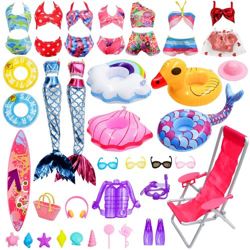 CAILESS Doll Clothes Accessories - 36Pcs Girl Doll Clothes Swimsuit Series for 11.5''Doll Included Bikini Mermaid Swimsuit Surfboard Beach Chair Swimming Ring Beach Accessories