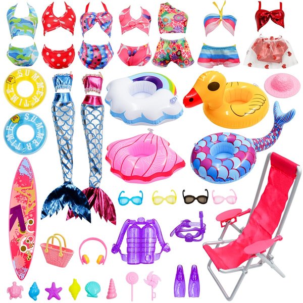 CAILESS Doll Clothes Accessories - 36Pcs Girl Doll Clothes Swimsuit Series for 11.5''Doll Included Bikini Mermaid Swimsuit Surfboard Beach Chair Swimming Ring Beach Accessories